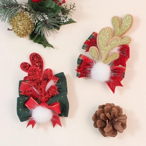 Lot de barrettes bois de renne de Noël avec paillettes rouges et dorées pour filles