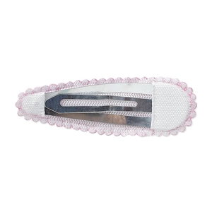 Pink scallop edge fabric BB hair clip with silver metal snap back on white background