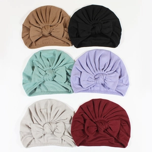 Soft knit baby turban hats with large bow knot and pleated design in six solid colors