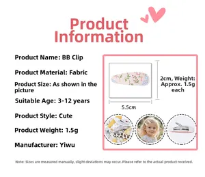 Detailed size chart and close-up of a floral fabric snap hair clip for young girls