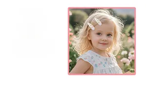 Detailed view of floral fabric teardrop hair clips on blonde girl's curly hair