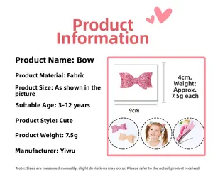 Detailed view of pink glitter bow hair clip with size dimensions 9cm by 4cm for girls
