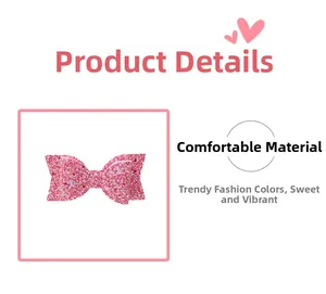 Detail showing pink glitter bow hair clip with sparkling sequins and comfortable fabric