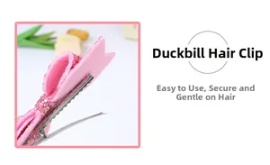 Detailed side view of pink glitter sequin bow hair clip with silver metal duckbill grip