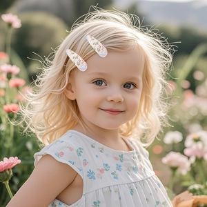 Floral fabric BB hair clips for girls featuring pink flower patterns on golden hair