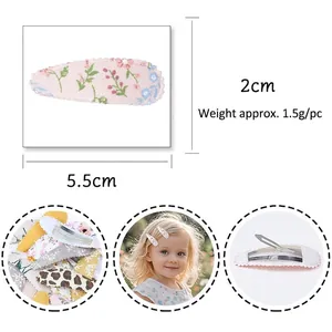 Floral print fabric drop hair clip for girls with size measurements and detail views