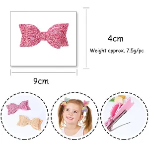 Pink glitter sequin swallowtail bow hair clip for girls with dimensions 9cm by 4cm