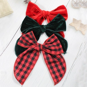 Barrettes à Cheveux Nœud de Noël Faites à la Main en Tissu Velours Carreaux Buffalo pour Filles Enfants Fête Accessoires de Cheveux Rouge Vert