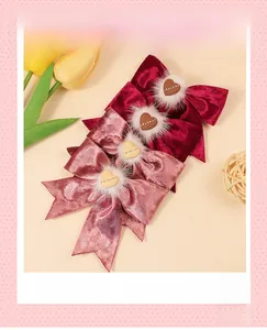 Détail de barrettes à cheveux en velours avec cœurs en peluche et petits strass brillants