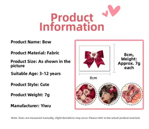 Détail du nœud papillon rouge de 8 cm avec cœur en peluche pour filles de 3 à 12 ans