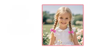 Pink ribbon bow hair clips with colorful balls worn by a girl in a sunny garden