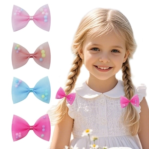 Handmade Mesh Lace Bow Hair Clip with Colorful Pom Poms Sweet Butterfly Hairpin For Kids Girls Daily Hair Accessories