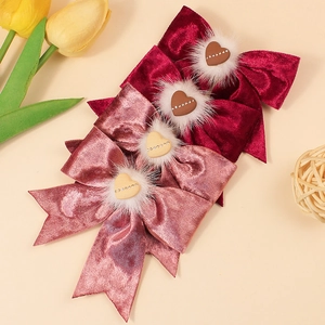 Pinces à Cheveux Nœud en Velours Faites à la Main pour Filles Cœur Boule de Poils Strass Nouvel An Accessoires de Coiffure Enfants