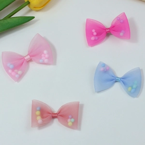 Set of mesh bow hair clips with colorful beads for kids in pink and blue colors