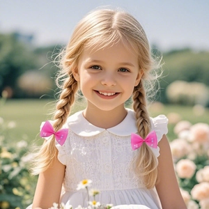 Handmade pink lace mesh hair bow with white pearls for kids' hairstyles and daily wear