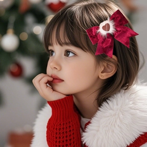 Enfant portant un nœud à cheveux en velours rouge avec pompon blanc pour Noël