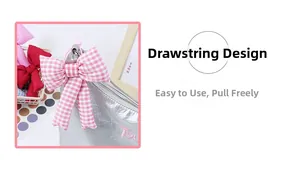 Pink checkered bow pendant detail with drawstring design on silver cosmetic bag