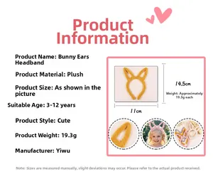 Detailed size chart for soft plush rabbit ear headband with dimensions for 3-12 years