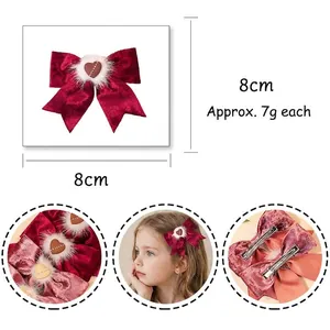Barrette à cheveux nœud en velours rouge avec pompon et pendentif cœur pour filles