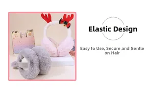 Detail of plush Christmas earmuffs with reindeer antlers and festive bows in soft pink