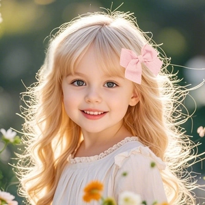 Barrette à cheveux rose avec nœud en tissu texturé pour enfant dans un jardin