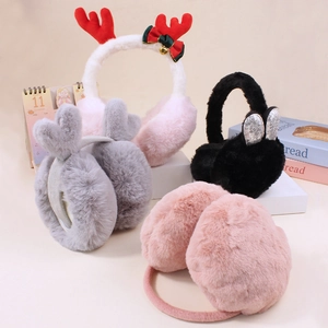 Christmas Reindeer Antler Plush Earmuffs For Kids Winter Warm Faux Fur Ear Covers Foldable Windproof Bunny Ear Heart Decor
