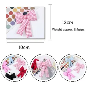 Pink plaid fabric bow keychain and bag charm, 12cm handmade accessory for women