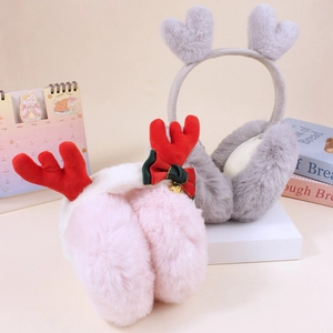 Plush winter earmuffs with cute elk antlers and bows in pink and gray colors
