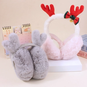 Plush Christmas winter earmuffs with festive reindeer antlers and heart design