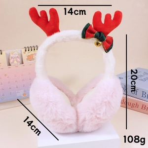 Pink plush Christmas reindeer earmuffs with red antlers and bells for winter warmth