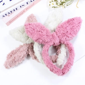 Bandeaux oreilles de lapin en peluche rose et blanc pour se laver le visage et coiffure
