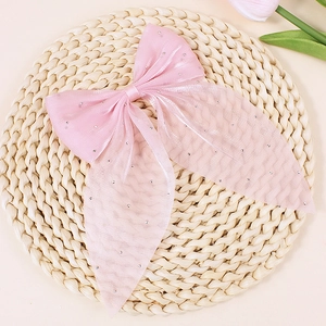Elegant pink translucent organza ribbon bow hairclip with sparkling rhinestones and pearls