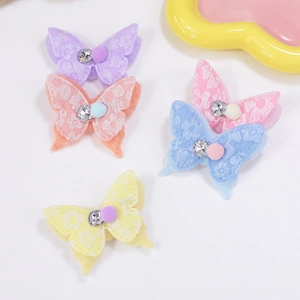 Barrettes papillon en dentelle avec imprimé floral, strass et pompons en 5 coloris