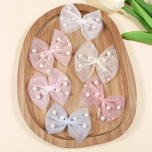 Sweet Mesh Bow Accessory Decorated With Faux Artificial Pearl And Sequin For Kids DIY Hair Ornament Clothing Shoes Embellishment