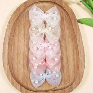 5Pcs sweet mesh bow hair accessories set with pearls and sequins in pastel colors