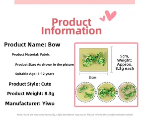 Detailed size specifications for St. Patrick's Day green clover hair bow clip for kids
