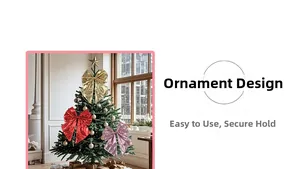 Detail of glittery gold and red Christmas tree bow ornaments with secure hanging design