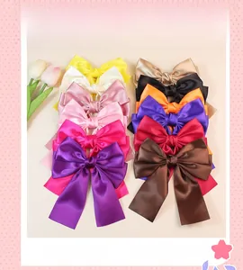 Colorful set of eleven satin butterfly hair clips displayed with elegant silk texture