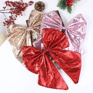 Large Sequin Christmas Bow Ornament Sparkling Polyester Hanging Bow For Tree Topper Party Wedding Home Festive Decoration