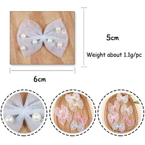 Handmade mesh bow hair accessory with pearls and sequins for DIY crafts 6x5cm