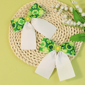St. Patrick's Day green clover and white ribbed bow hair clips for kids and girls