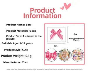 Detailed size parameters for a pink plaid bow showing 4x3cm dimensions and fabric material