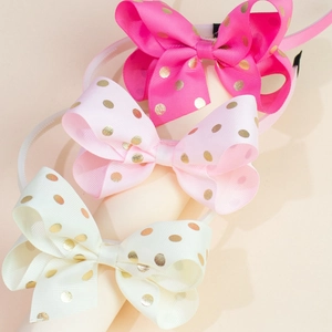 Tre cerchietti con fiocchi rosa e beige con pois dorati per bambine e giovani ragazze