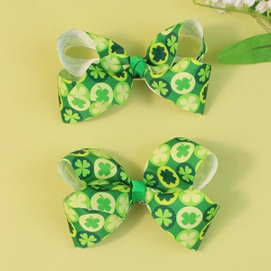 Green St. Patrick's Day shamrock clover patterned hair bows for girls, set of two