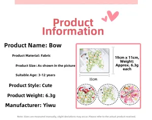 Detail view of fabric bow hair clip showing dimensions and secure back clip design