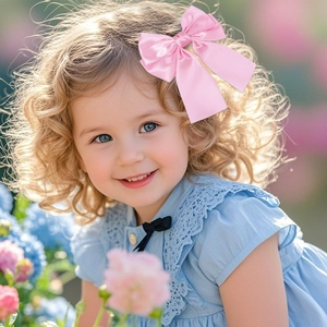 Elegant pink satin bow hair clip for girls worn outdoors with a floral background