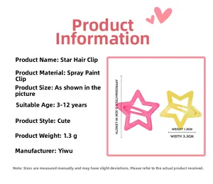 Star hair clips details with 3.3cm size, 1.3g weight, for children aged 3-12 years