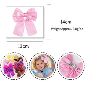 Pink satin bow hair clip for girls 13cm wide with embroidery and metal fastener