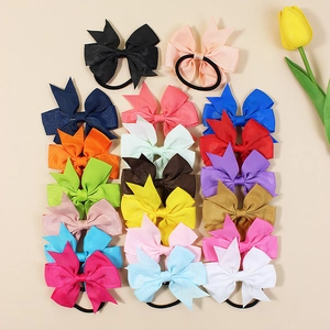 Set of colorful ribbed grosgrain ribbon bow hair ties for children in various solid shades