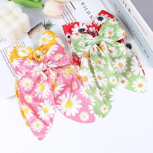 Sweet Daisy Print Bow Hair Clip For Girls Satin Texture Polyester Large Bowknot With Floating Ribbon Kids Hair Accessories